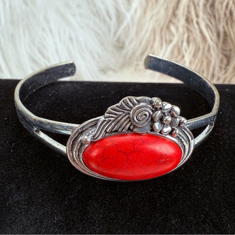 Aged Silvertone with Red Accent southwestern style cuff bracelet